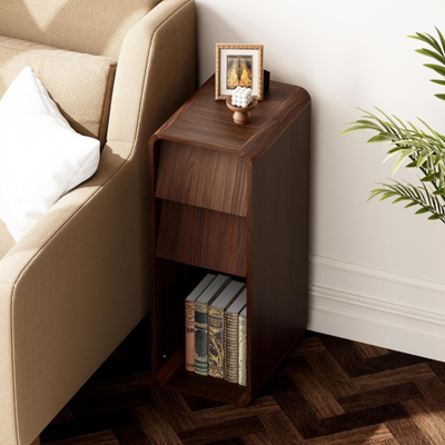 Modern Wood End Table with 2 Drawers and Open Storage, Curved Side Table with Dark Wood Grain Finish, Narrow Sofa Table, Slim Bedside Table for Living Room or Small Spaces - 15.75" x 11.81" x 21.5"/Brown
